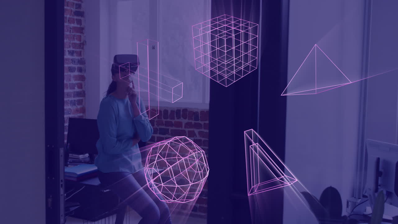 Animation of 3d shapes of data transfer over asian woman in vr headset
