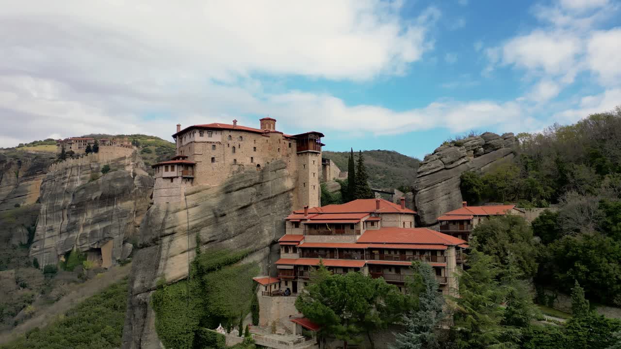 High orbit of Roussanou Monastery on rocky column in Greece’s Meteora region