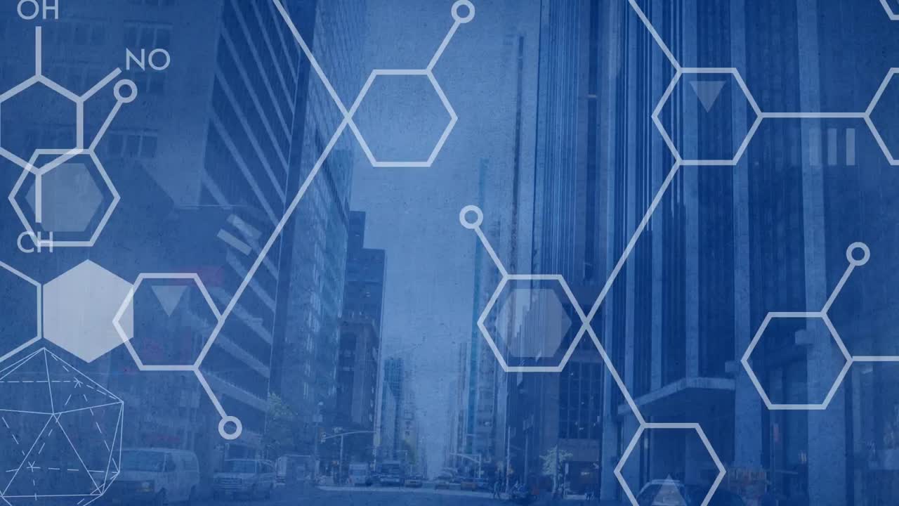 animación de estructuras y formas químicas sobre el paisaje urbano
