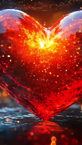 a red heart is floating in a body of water. the water is dark blue and the heart is surrounded by a bright orange glow. the scene is serene and peaceful, with the heart representing love