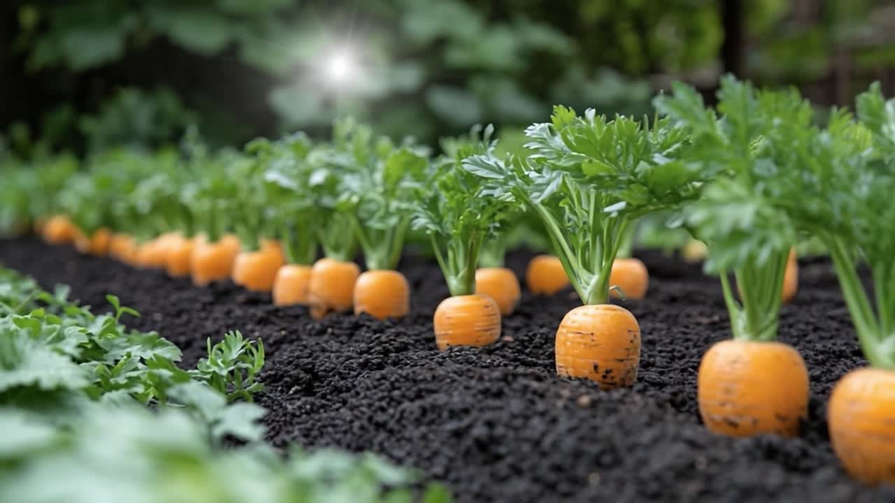 Homegrown carrots in the garden. Rows of vibrant orange carrots grow in rich black soil under the sun in a well-tended garden.