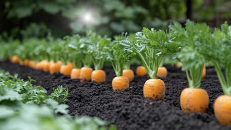 homegrown carrots in the garden. rows of vibrant orange carrots grow in rich black soil under the sun in a well-tended garden.