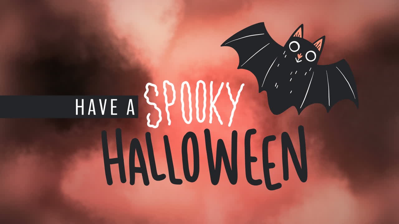 빨간색과 검은색 구름 바탕에 박 애니메이션으로 무서운 할로윈 텍스트