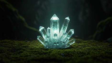 A Radiant Cluster of Crystals Glistening in Ethereal Light Amidst Lush, Green Moss, Showcasing Nature&#039;s Beauty and Intricate Mineral Structures