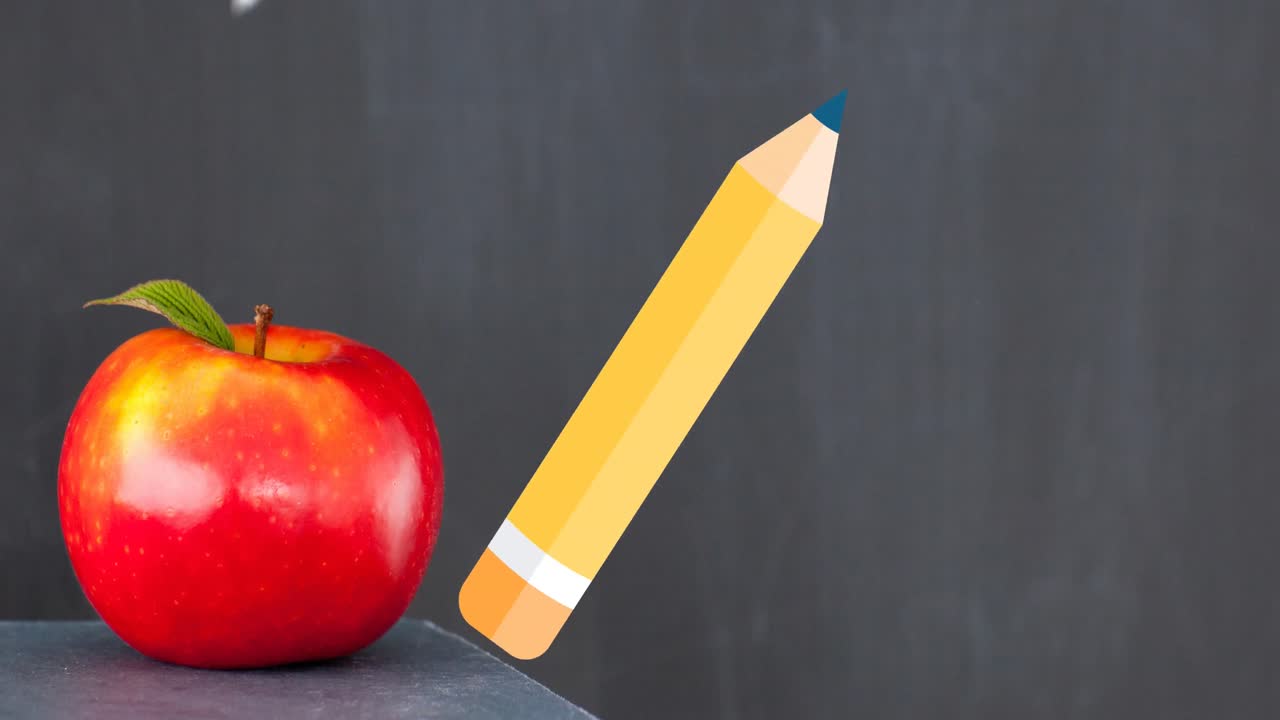 animación de iconos digitales en lápiz sobre manzana y pizarra