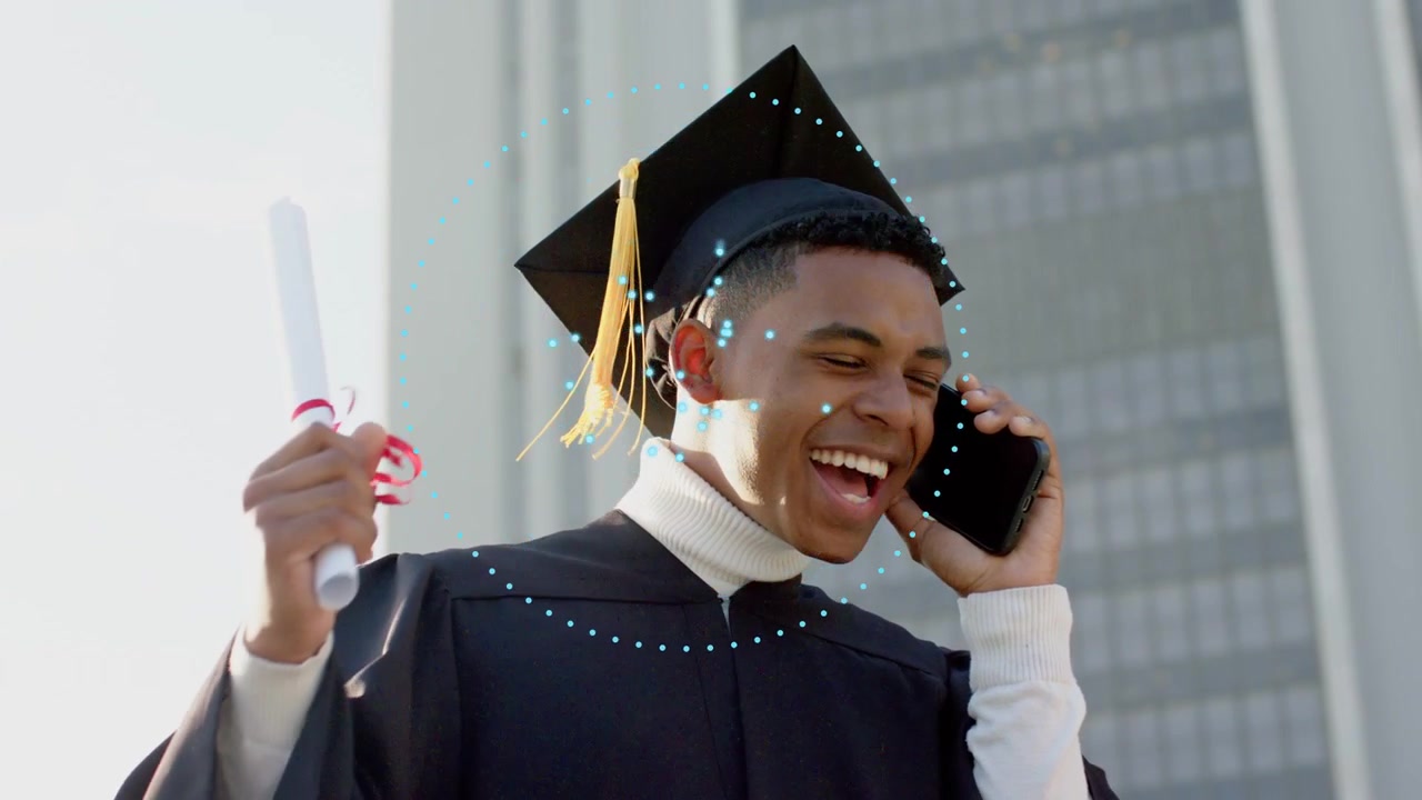 Male grad getting phone call and celebrating graduation raising diploma with blue HUD tracking face