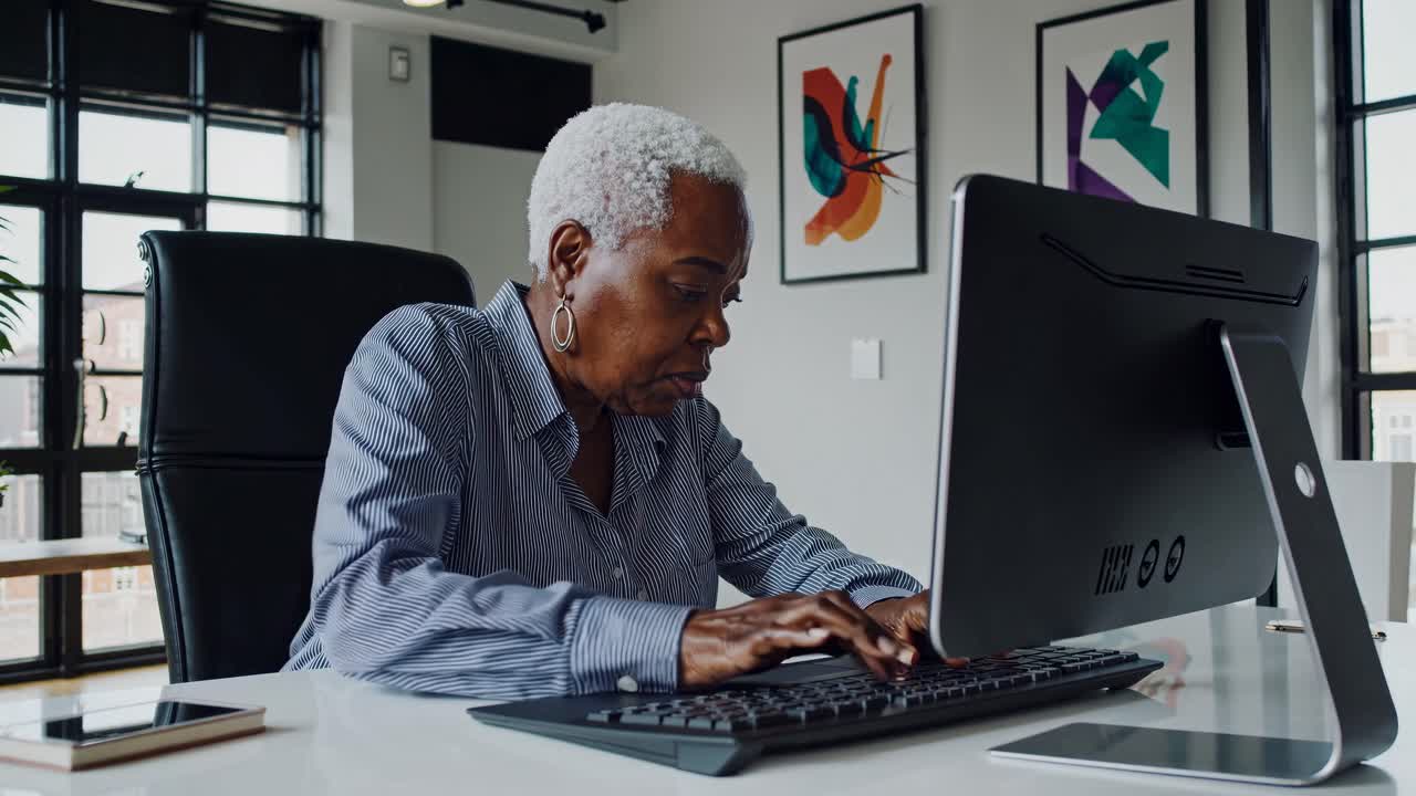 Side angle video of a focused elderly woman typing at a desk in a modern office, with abstract art