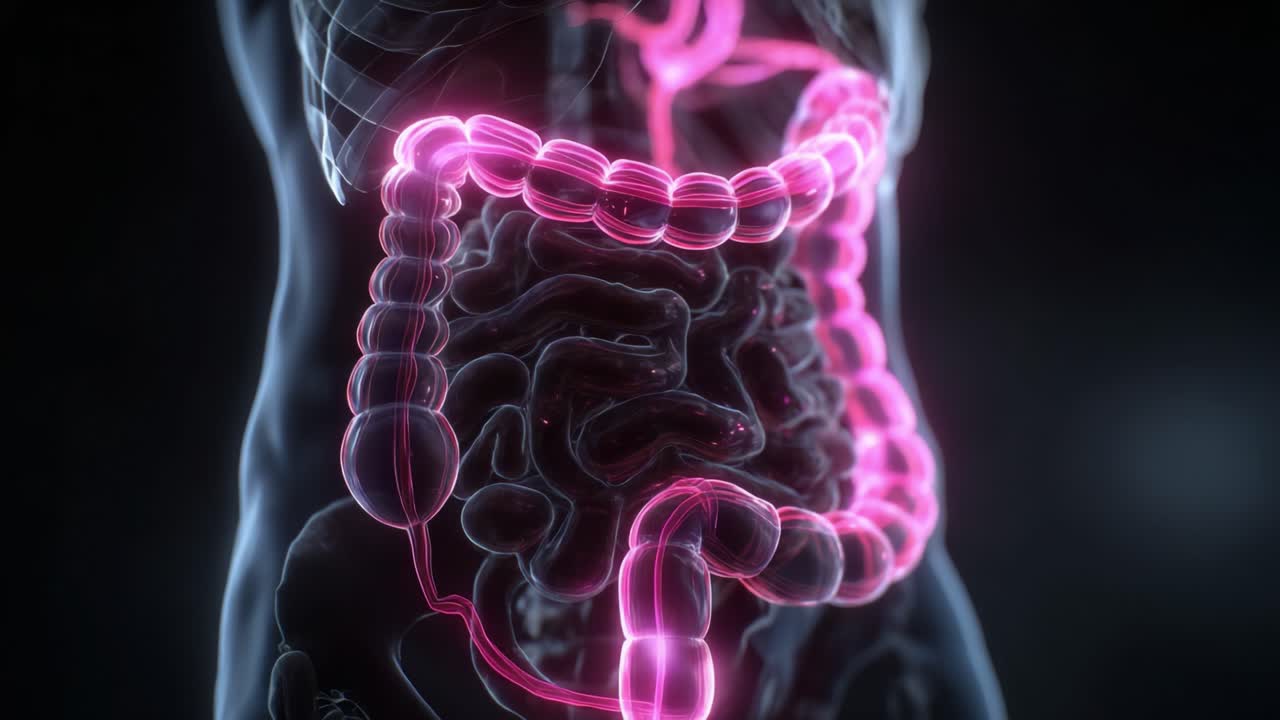 Una visualizzazione dettagliata del sistema digestivo umano che mostra la complessa struttura dell'intestino con evidenziazioni al neon per una migliore comprensione.
