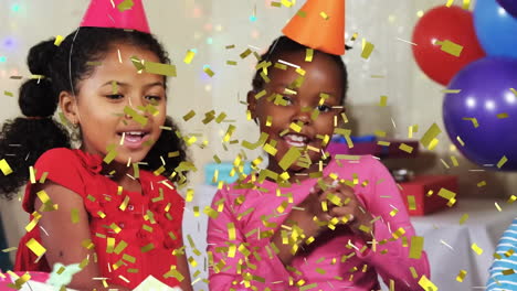 animation of gold confetti falling over happy diverse girls celebrating at birthday party