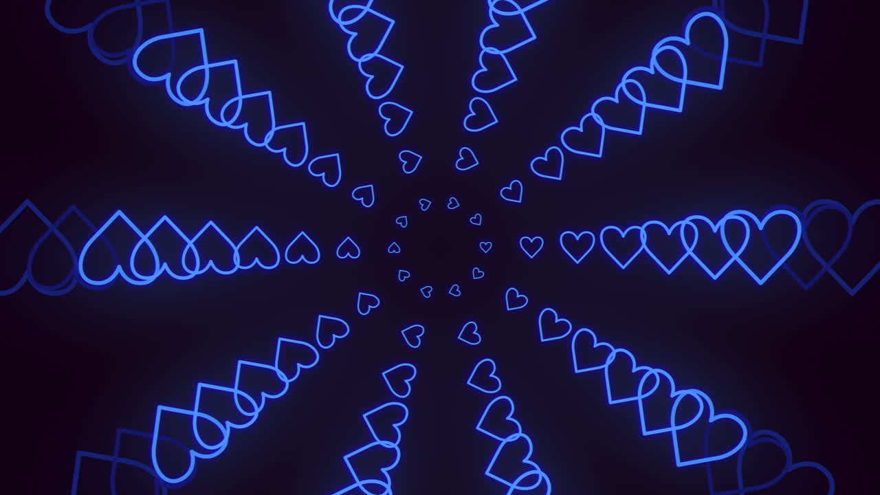 Abstract glowing blue neon heart outlines forming a radial tunnel on dark background, ideal for romantic visuals, Valentine designs, wedding promos, and social media