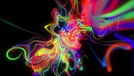 fondo en bucle abstracto con flujo de líneas multicolores de brillo o rayas de luz. las partículas de luces en funcionamiento se forman en el espacio 3d brillando hermosas líneas curvas con luz de neón. hermoso bg creativo en 4k.