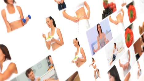 montage of healthy foods and woman doing fitness exercises