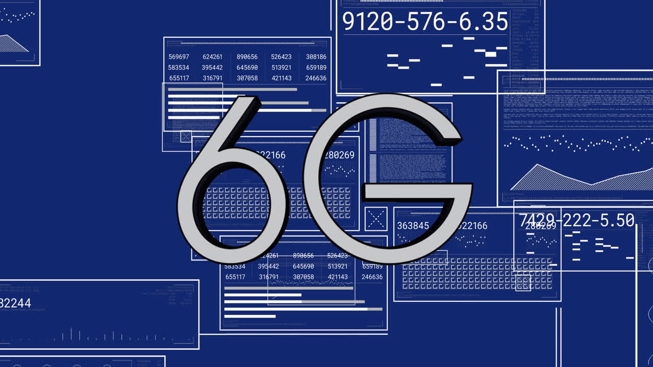 Animation of 6g text banner over interface with data processing against blue background