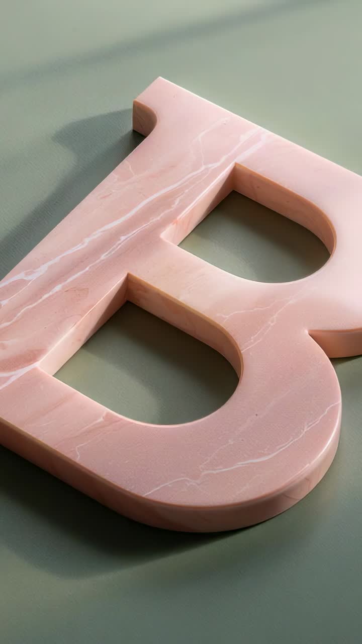 Vertical video: Sweeping warm light over marble letter B on green platform, revealing white veining