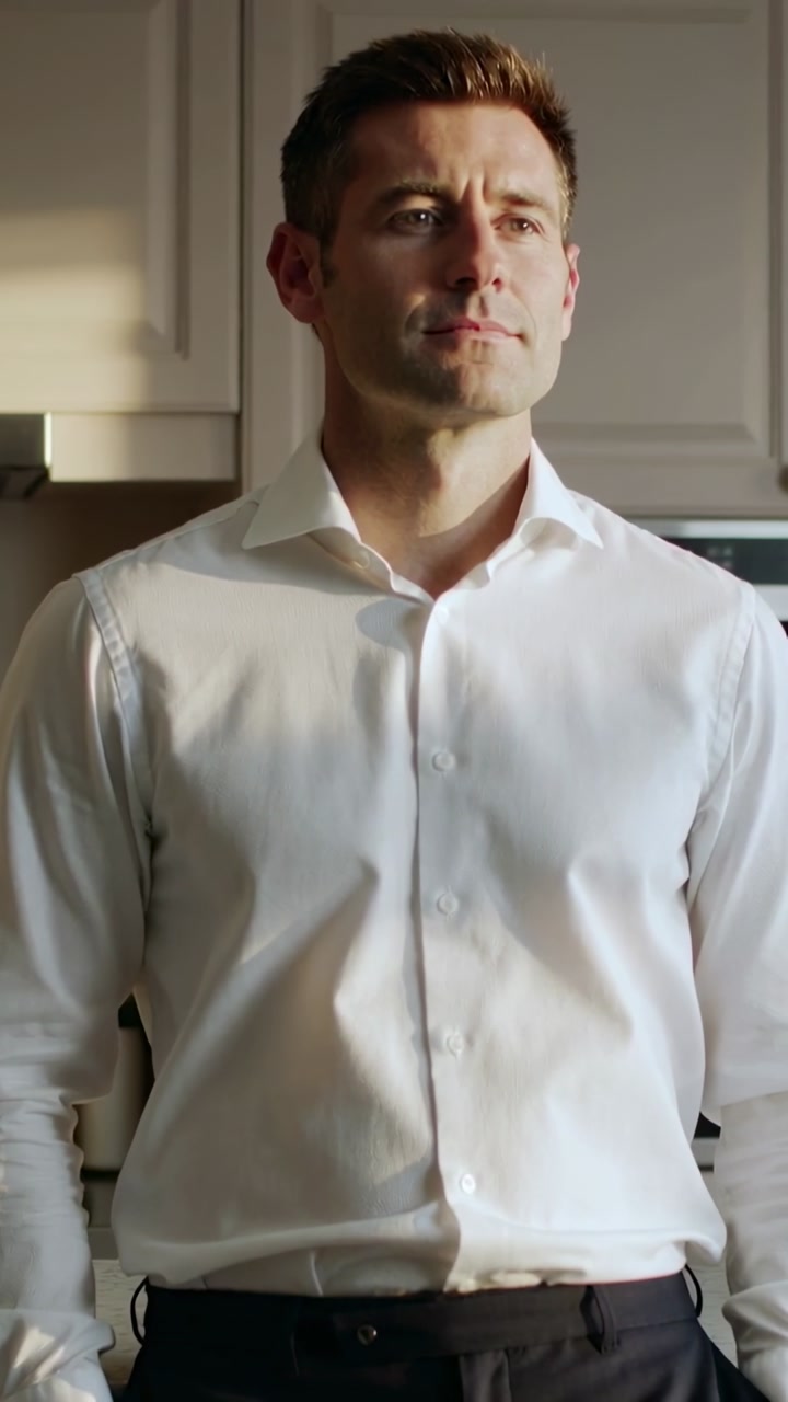 Confident Man in White Shirt Standing Thoughtfully in Kitchen