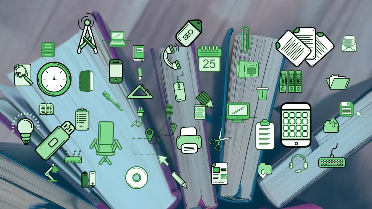 animación de iconos de negocios sobre los libros.