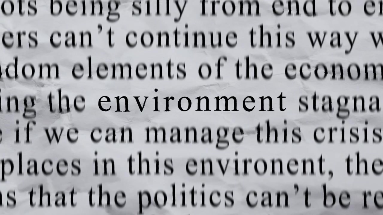 ENVIRONMENT Text in Centre with High-energy Fast Text Stop-Motion Writing Cycling Rapidly on Crinkled Texture Paper. Newspaper Cuttings Style animation.