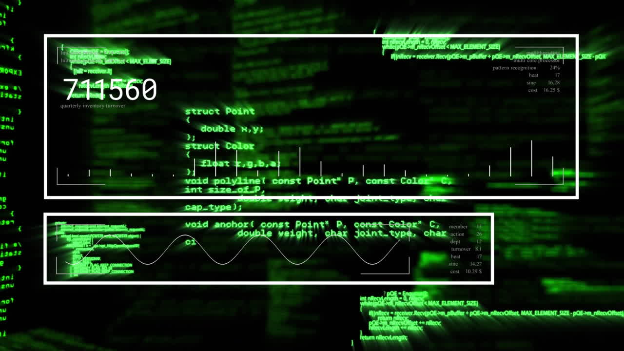 Animation of data processing over black background
