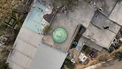 aerial view top-down exploration of a shrine tomb and its surrounding graves