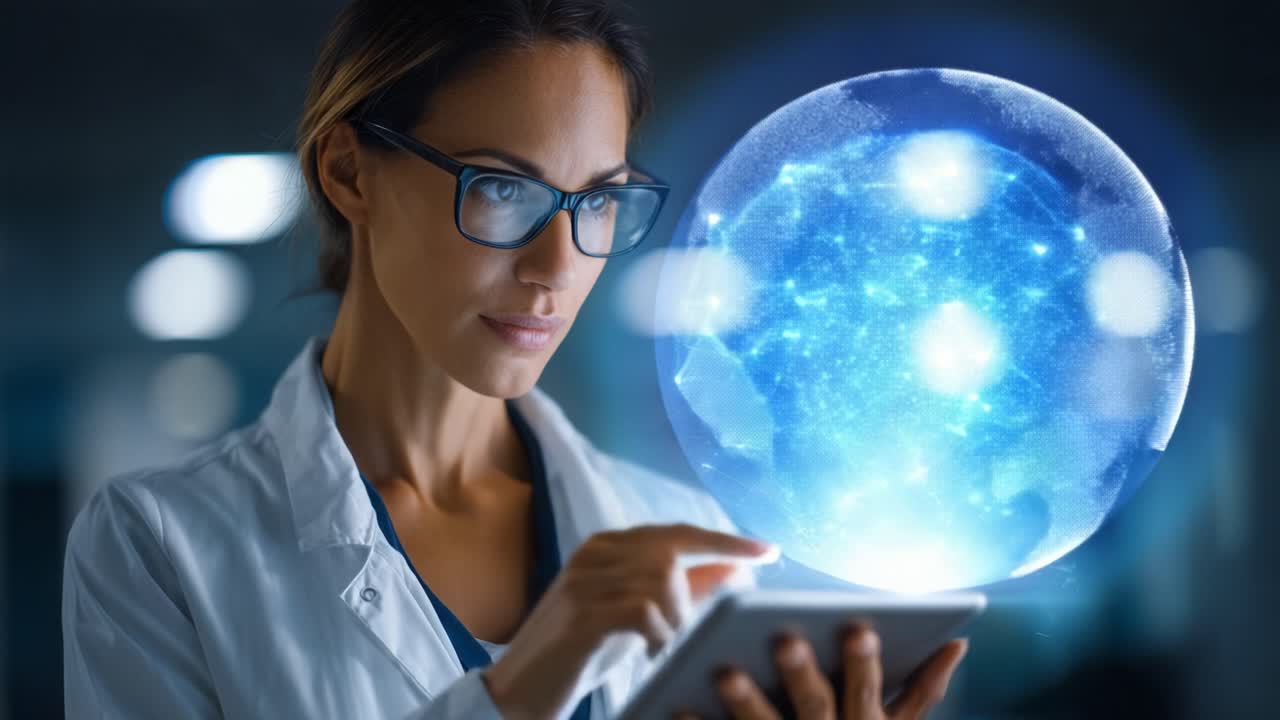 Scienziato innovativo impegnato con la tecnologia digitale, esplorando l'intersezione tra scienza e immaginazione attraverso uno schermo interattivo in un ambiente di ricerca scientifica.