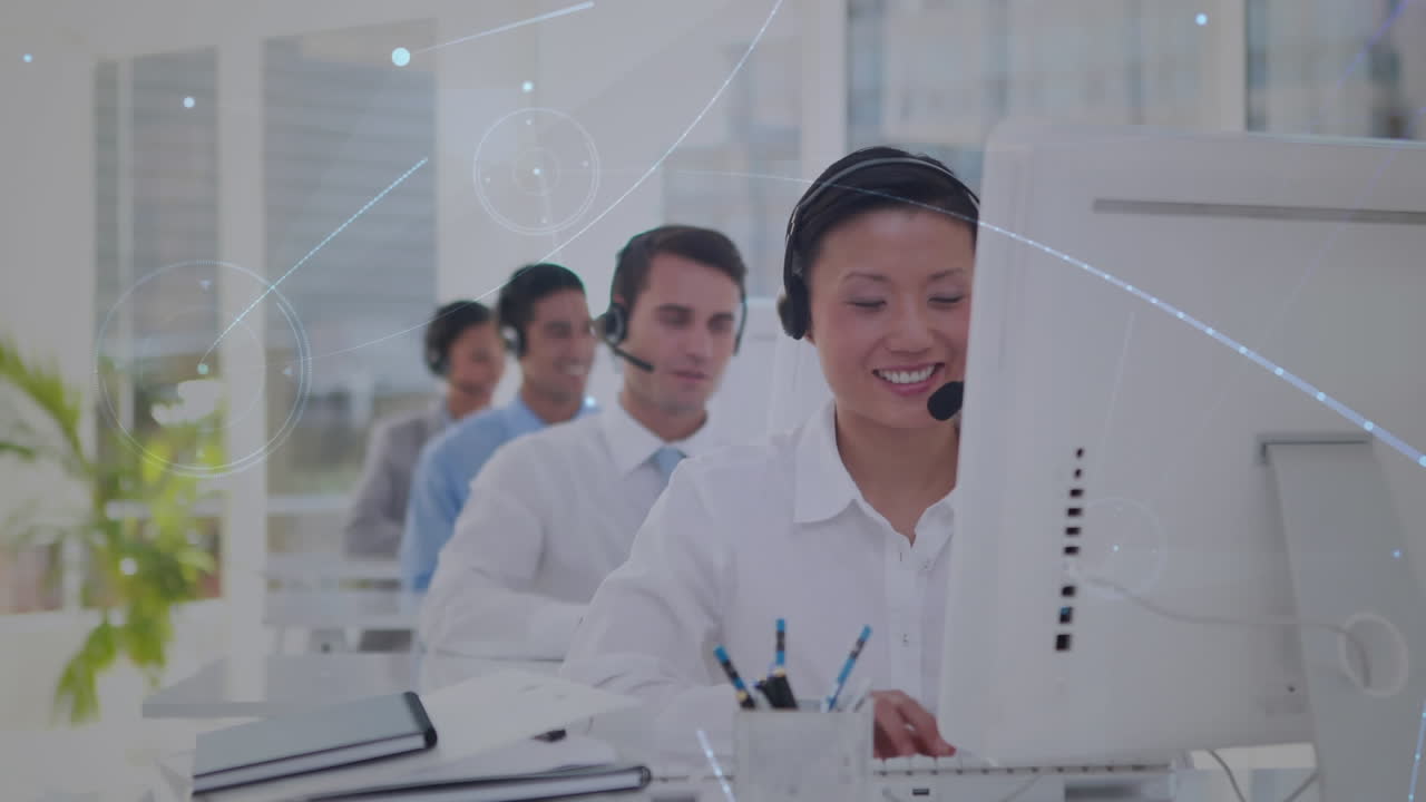 전화 헤드 ⁇ 을 사용하는 비즈니스 사람들을 통해 연결 네트워크의 애니메이션