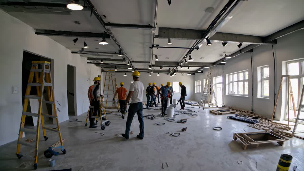 Wide-angle shot of construction workers in a large room, showcasing teamwork and progress