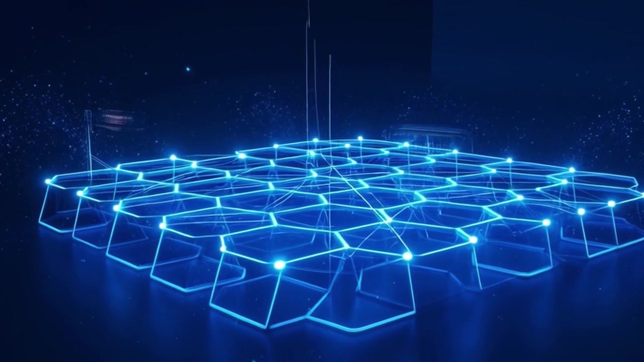 Abstract Digital Hexagonal Grid Connecting with Glowing Data Nodes