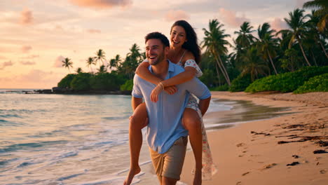 couple enjoying piggyback ride on a tropical beach at sunset