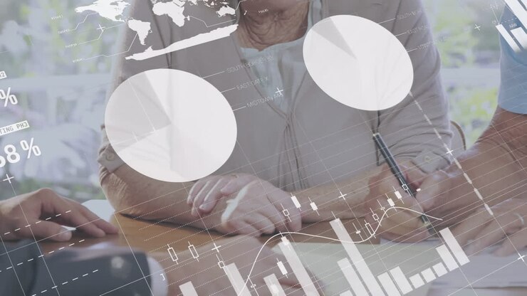 Statistical data processing against caucasian senior couple signing documents