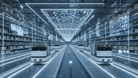 a high-tech automated warehouse with autonomous vehicles navigating through aisles of goods under brilliant led lighting