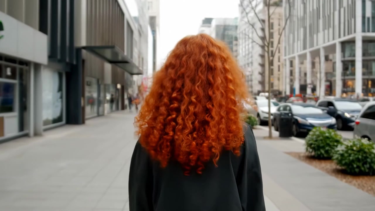 Persona pelirroja de cabello rizado caminando por el centro, edificios modernos de cristal y escaparates flanqueando la acera, coches aparcados