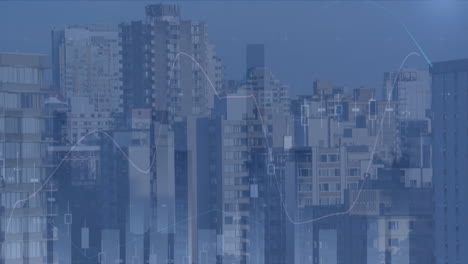 animation of statistical data processing against aerial view of tall buildings in the city