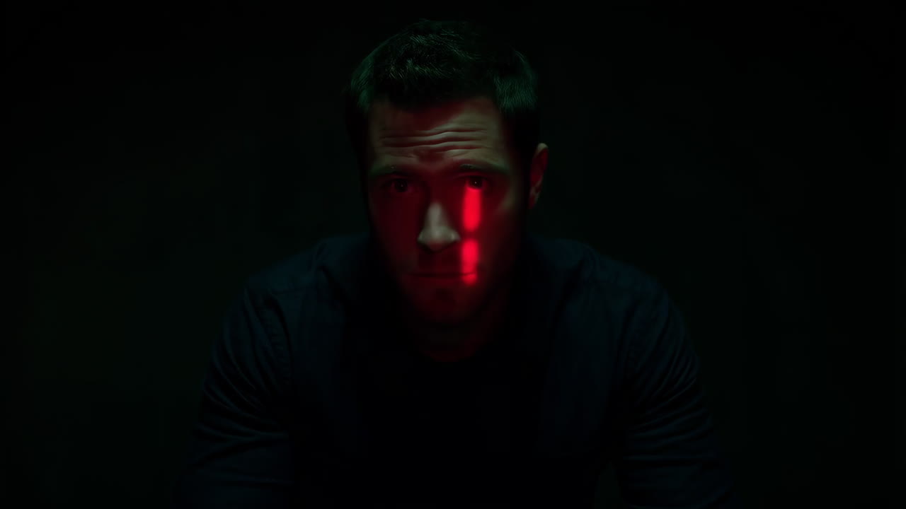 Man in Dark Setting with Red Lighting and Digital Overlay