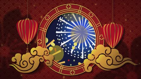 animation of chinese decorations and fireworks on red background