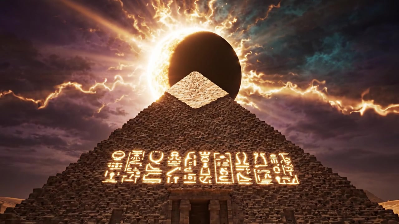 Fascinující nebeské zarovnání za starověkou pyramidou během zatmění Slunce, osvětlující hieroglyfy a vrhající stíny na pouštní krajinu.