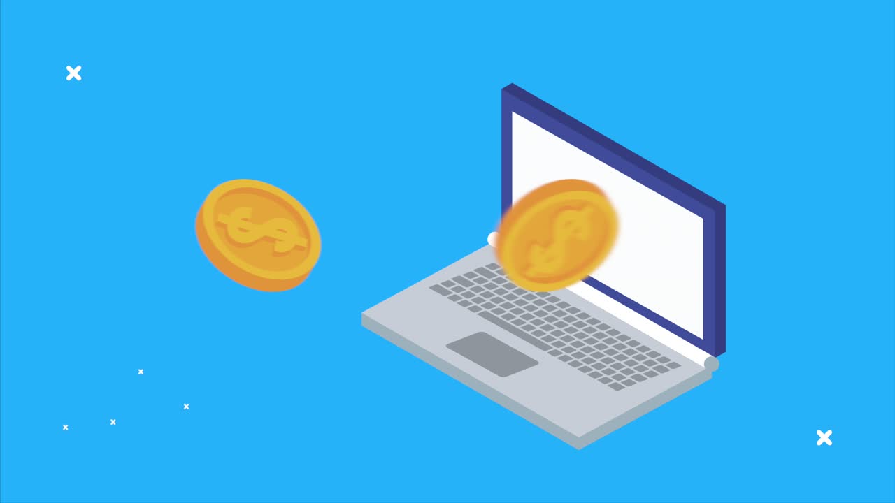 컴퓨터 노트북과 동전으로 서버 데이터 분석 애니메이션