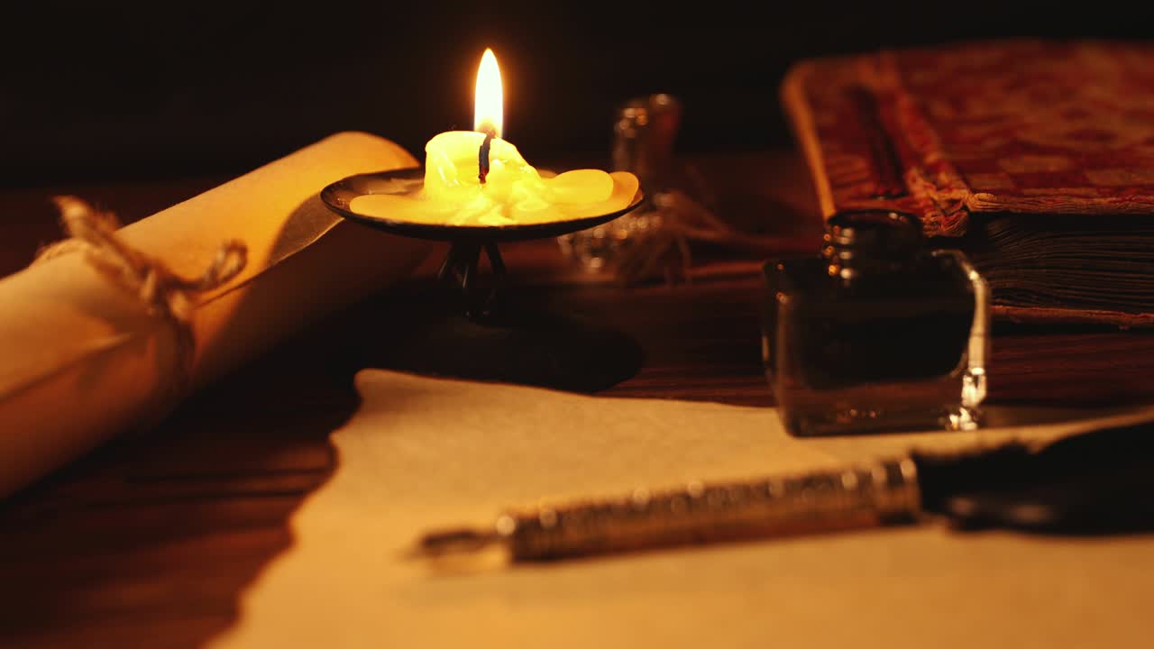 vintage quill pen and inkwell on old parchment paper in candlelight