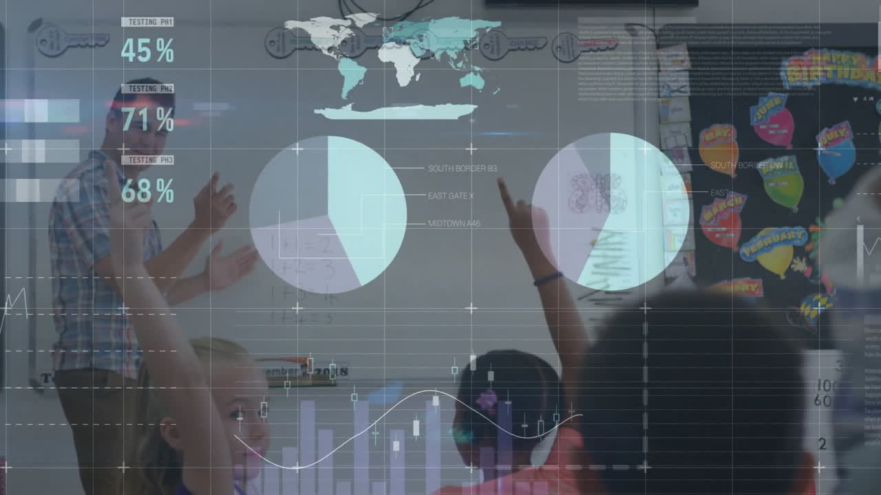 animación del procesamiento de datos sobre diversos escolares en el aula