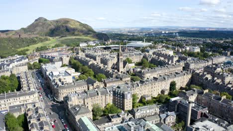 aerial shot over summerhall and the meadows, towards arthurs seat, on a sunny day | edinburgh, scotland | 4k at 30 fps