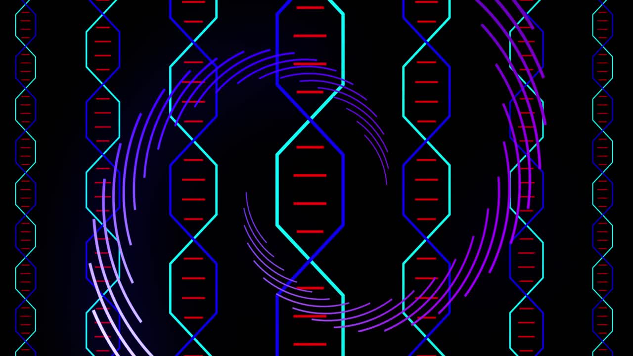 Animation of moving shapes and dna strands on black background