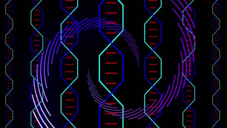 Animation-of-moving-shapes-and-dna-strands-on-black-background