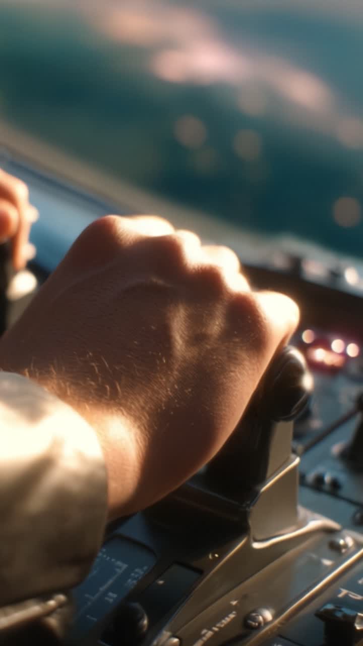 Un primo piano della mano di un pilota che impugna la manetta di controllo nella cabina di pilotaggio di un aereo moderno, mostrando il design intricato e l'esperienza di volo dinamica.