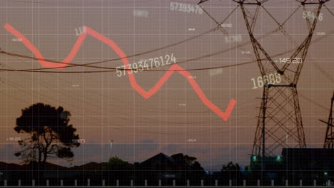 animation of financial data processing over electricity pylons on field