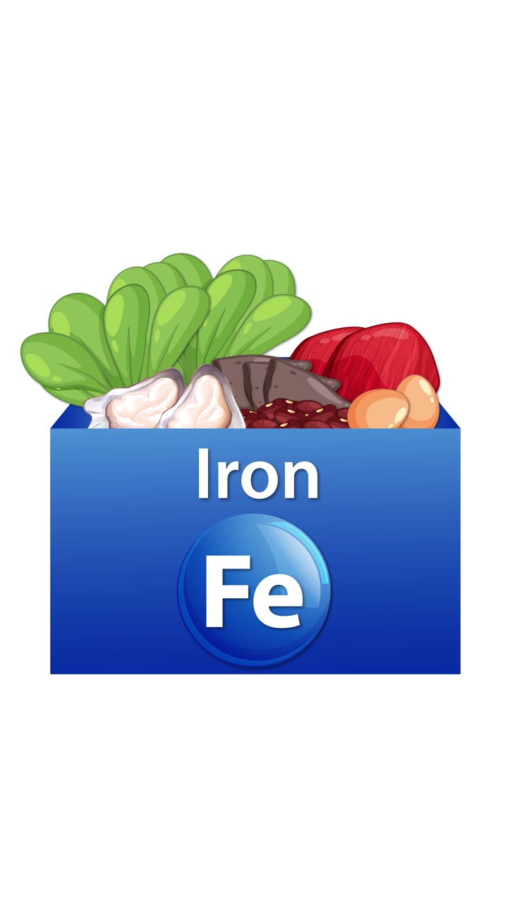 Blue iron supplement box fills with assorted iron-rich foods on clean white background