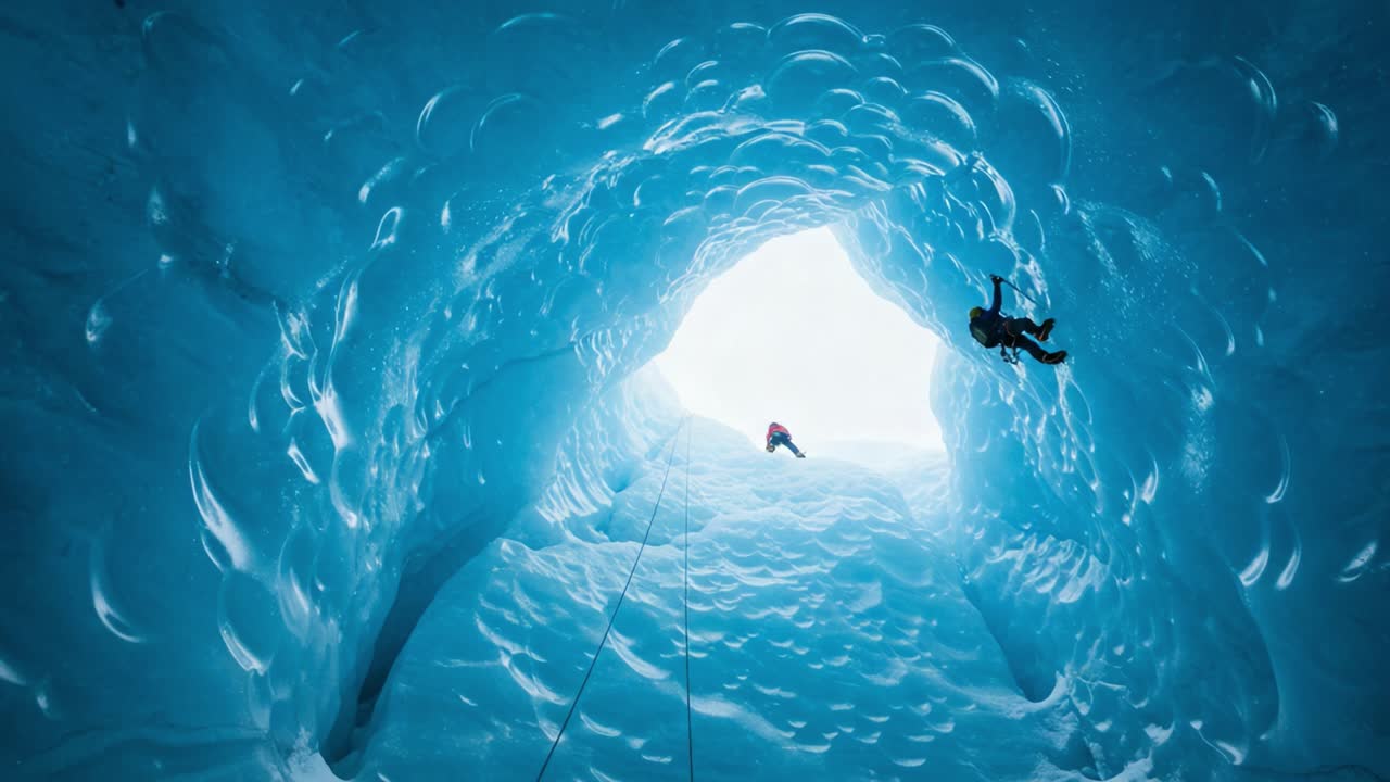 Adventurers Descend into a Majestic Ice Cave, Exploring the Stunning Blue Glacial Formations with Ropes and Climbers in a Breathtaking Natural Environment