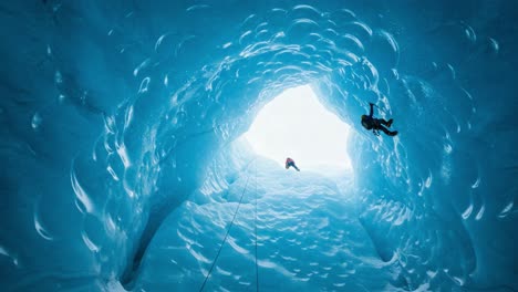 adventurers descend into a majestic ice cave, exploring the stunning blue glacial formations with ropes and climbers in a breathtaking natural environment