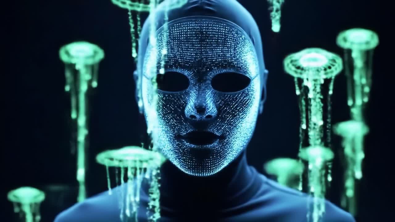 A mesmerizing digital art piece featuring a faceless figure with a holographic mask surrounded by ethereal jellyfish, blending technology with marine beauty in a surreal atmosphere