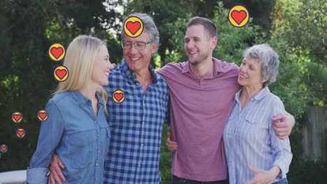 Animation-of-failing-hearts-icons-over-caucasian-family-outside