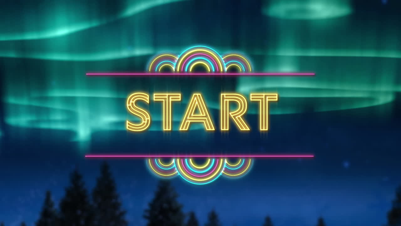 animación del texto de inicio sobre el cielo nocturno nublado y las luces del norte