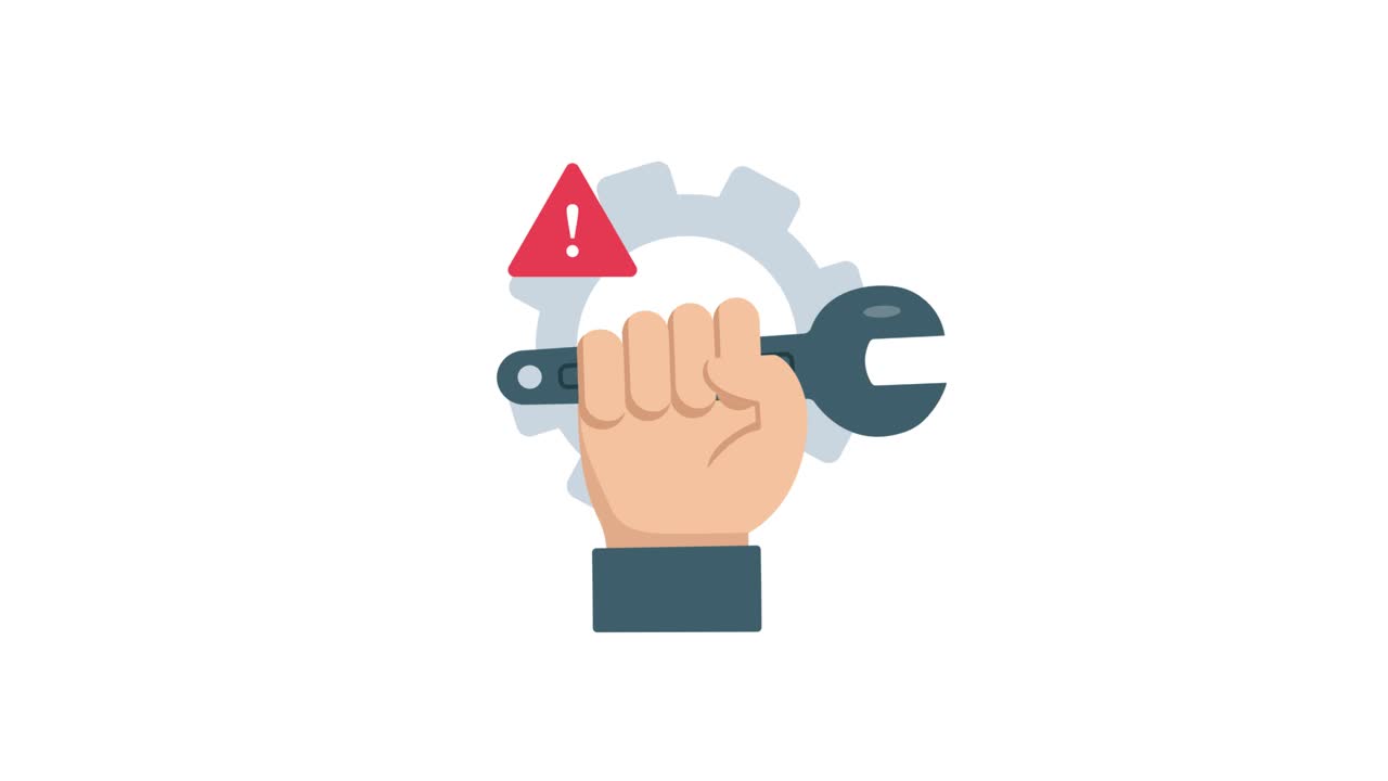 Animated Hand Holding Wrench with Warning Icon and Gear